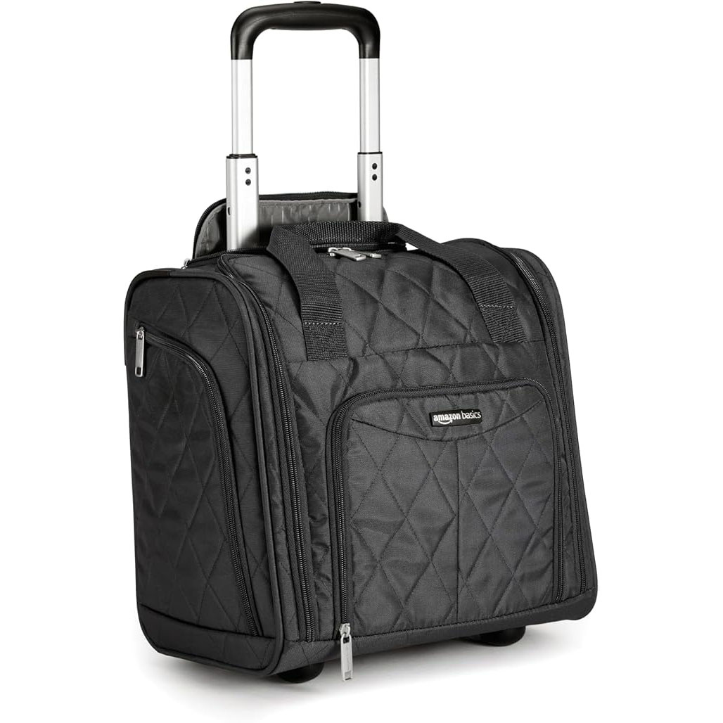 Amazon Basics Underseat Carry On Luggage with Wheels - 14" Rolling Travel Bag, Black Quilted